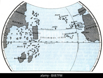 Cartografia, mappe del mondo, planisfero di Paolo dal Pozzo Toscanelli, dettaglio: Oceano Indiano (Atlantico) tra Africa Occidentale e Asia Orientale, Firenze, 1457, diritti aggiuntivi-clearences-non disponibile Foto Stock