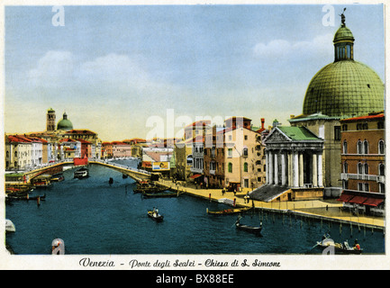 Geografia / viaggio, Italia, Venezia, ponti, vista del ponte degli Scalzi, costruito 1932 - 1934, e Canal Grande, in primo piano la chiesa di San Simeon piccolo, fotografia a colori, intorno agli anni '30, diritti aggiuntivi-clearences-non disponibili Foto Stock