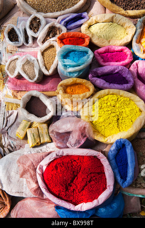 Sacchetti di polvere colorata in un Indiano street market. Andhra Pradesh, India Foto Stock