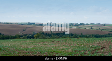 Vista dalla Ulster torre sulla Somme verso Hammel che mostra la gessoso zig zag nel campo arato di vecchie trincee Foto Stock