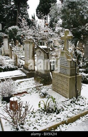 Rare la caduta di neve nel cimitero protestante di Roma il 12 febbraio 2010 Foto Stock