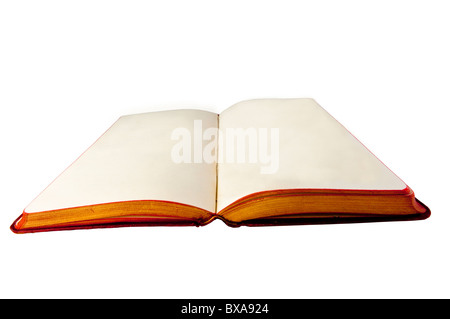 Aprire il vecchio libro con rosso e oro bordi pagina. Pagine vuote, isolato su bianco. Foto Stock