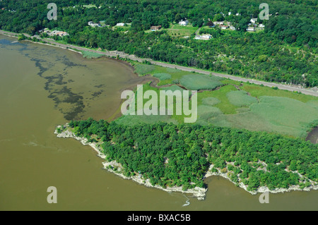 Vista aerea di marsh sulla sponda del fiume Hudson durante il periodo estivo, a sud di Highland Falls, New York upstate, Stati Uniti d'America Foto Stock