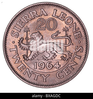 Moneta da 20 cent Sierra Leone (1964) al contrario con un passante leone Foto Stock