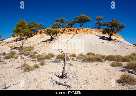 Red sormontato mesa derivanti dalla sabbia bianca in Bladebsburg National Park, Winton, outback Queensland Foto Stock