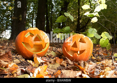 Creepy scolpito faccia di zucca e con un sorriso, in posizione di stazionamento Foto Stock