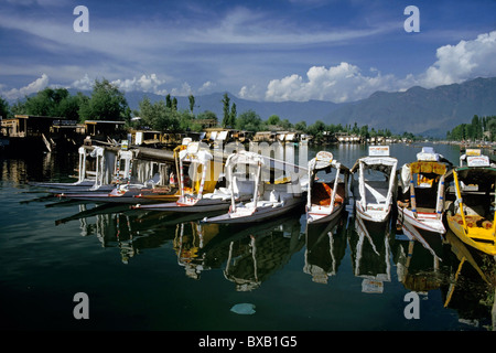 Righe di shikara - tradizionale in legno barche turistiche - su dal lago, Srinagar Kashmir, India. Foto Stock