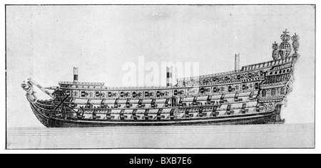 La Soleil Royal, Francese nave da guerra e la nave ammiraglia di Ammiraglio Tourville; Bianco e Nero illustrazione; Foto Stock