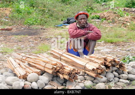 Dani uomo vendendo legna sul mercato di Wamena, Il Baliem Valley, Papua Occidentale, ex Irian Jaya, isola di Papua Nuova Guinea Foto Stock