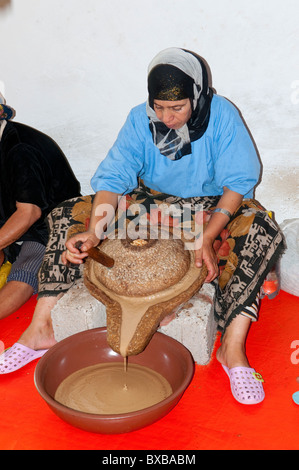 Donne berbere lavorando in una cooperativa di Marjana la produzione di olio di Argan in un villaggio vicino a Essaouira, Marocco. Foto Stock