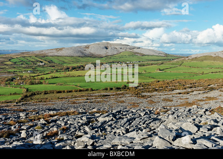 Abbey Hill, visto attraverso i campi dal calcare sul marciapiede Turlough Hill, Burren, County Clare, munster, irlanda. Foto Stock