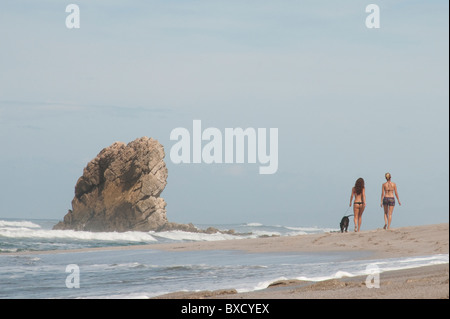 2 distante figure in abiti nuotare per passeggiare sulla spiaggia di sabbia in un giorno nuvoloso con un cane legato passando una pila di roccia Foto Stock