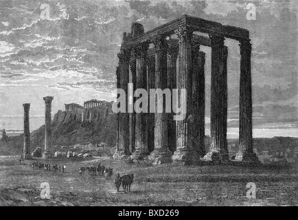 Rovine del tempio di Zeus Olimpio, Atene, secolo XIX; Bianco e Nero illustrazione Foto Stock