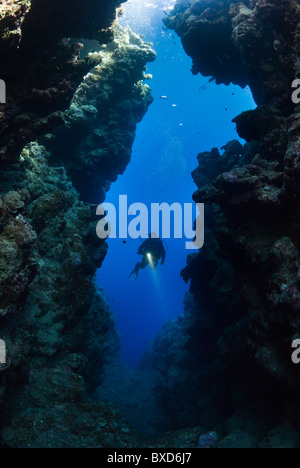 Scuba Diver nel crack, le campane, Dahab, Egitto, Mar Rosso Foto Stock