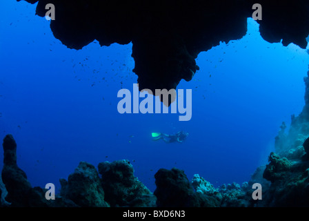 Scuba Diver nel crack, le campane, Dahab, Egitto, Mar Rosso Foto Stock