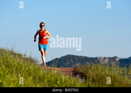Una donna trail running sul crest trail. Grandi pioppi neri americani Canyon dello Utah Foto Stock