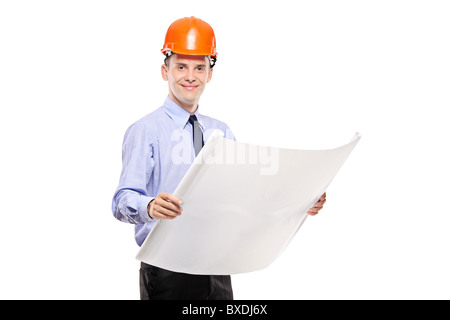Caposquadra tenendo un blueprint Foto Stock