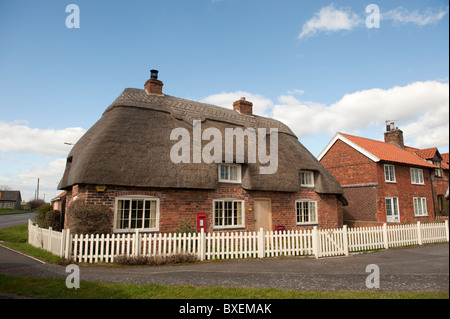 Tradizionale cottage con il tetto di paglia con Picket fencing Foto Stock