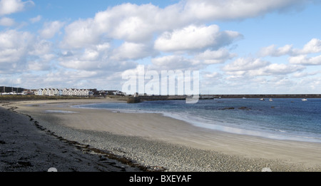 Vista su tutta Braye Bay, Alderney, Isole del Canale, con frangiflutti sulla destra Foto Stock