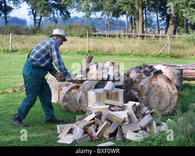L'uomo suddivisione di legna con un'ascia. Foto Stock