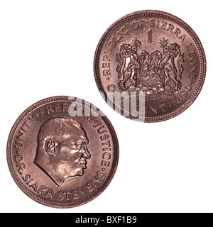 Moneta da 1 cent della Sierra Leone (1980). Il rovescio presenta uno stemma con leoni ramponi. L'obverse presenta un ritratto di Siaka Stevens Foto Stock