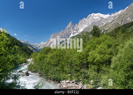 Piccolo ruscello in Val Ferret d'estate con Mont Blanc sullo sfondo Foto Stock