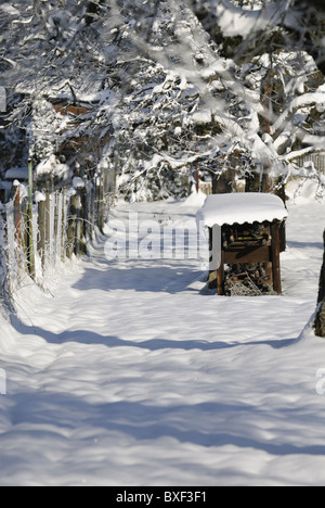 Pesantemente coperta di neve riparto giardino in inverno una giornata di sole Foto Stock