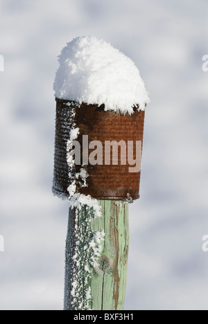 Coperta di neve arrugginito barattolo di latta sulla parte superiore del dipinto di verde recinto in legno pole Foto Stock