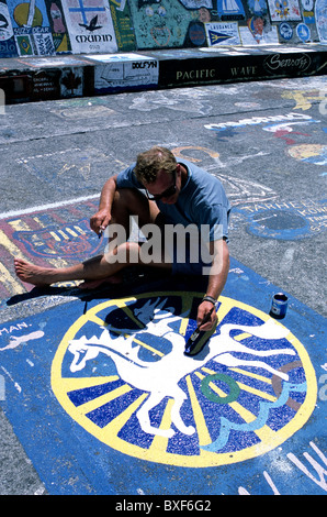 Una visita di yachtsman mano-dipinge una nave's calling card sulla marina di pareti a Horta, isola di Faial nelle Azzorre Foto Stock