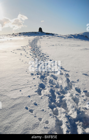 Orme nella neve che conduce verso il vertice cairn su Alta Spy nel Lake District inglese Foto Stock