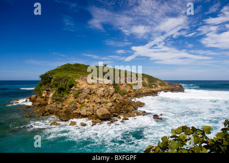 Costa, Porto Rico - Isola rocciosa in surf al largo della costa nord-orientale di Porto Rico Foto Stock
