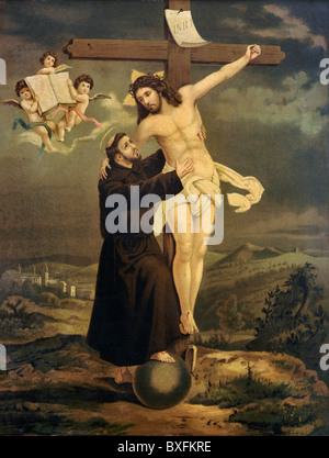 Francesco d'Assisi, San Giovanni Bernardone, 1181 - 3.10 circa. 1226, predicatore italiano, santo, a lunghezza intera, che riceve stigmata, illustrazione, Italia, circa 1880, Foto Stock