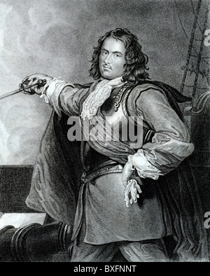 Ritratto dell'ammiraglio Robert Blake (1599-1657) Ammiraglio inglese. Naval Commander & Officer in British Navy a bordo di una nave da guerra durante il Commonwealth of England (1649-1660) Vintage Illustration o Engraving Foto Stock