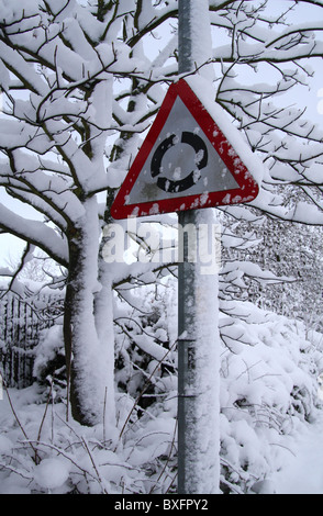 Estremamente wintery foto, bianco-le condizioni.alberi e segno di traffico coperto di neve.Il tutto ricoperto da una coltre di neve. Foto Stock