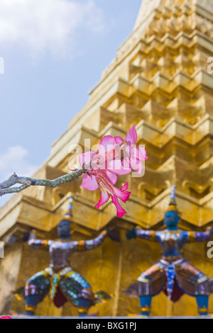 Fiore in fiore contro il guardiano dei demoni (Yaksha) di supporto della base del golden Chedi presso il Tempio del Buddha di Smeraldo, Bangkok Foto Stock