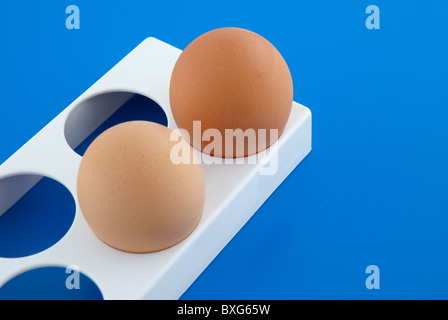 Due uova di gallina e piedistallo bianco su sfondo blu. Foto Stock