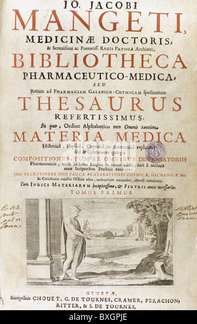 Mangeti, Joannis Jacobi (1652-1742). Swiss medico e scrittore. "Bibliiotheca Pharmaceutico-Medica'. Frontespizio. Foto Stock