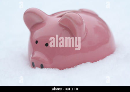 Salvadanaio sepolto nella neve su un freddo inverni nevosi giorno Foto Stock