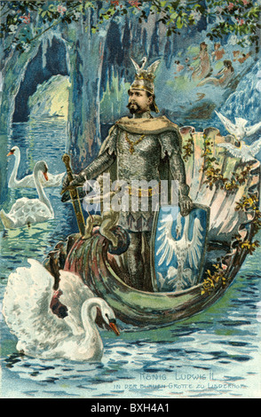 Ludwig II, 25.8.1845 - 13.6.1886, Re di Baviera 10.3.1864 - 13.6.1886, a tutta lunghezza, come cavaliere cigno Lohengrin nella Grotta Azzurra, opera di Richard Wagner, cartolina fotografica, litografia, circa 1909, Foto Stock