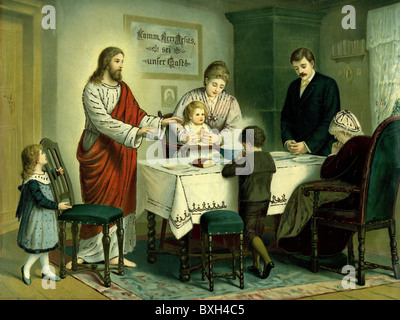 Religione, cristianesimo, illustrazione: Gesù Cristo è presente e benedice il pane mentre una famiglia che dice una grazia, litografia, Germania, circa 1890, diritti aggiuntivi-clearences-non disponibile Foto Stock