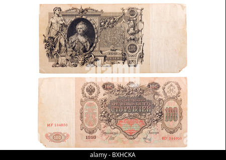 Denaro in Russia Bianca risalente al 1910 una banconota di 100 rubli Foto Stock