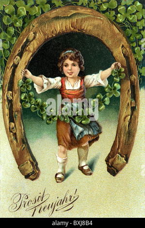Simbolo / emblema / icona, Capodanno, ragazza con ferro di cavallo, litografia, cartolina fotografica, Germania, circa 1905, diritti aggiuntivi-clearences-non disponibile Foto Stock