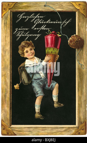Istruzione, scuola, ardesia con scolaro, 'Congratulazioni il tuo primo giorno a scuola', illustrazione, Germania, circa 1927, diritti aggiuntivi-clearences-non disponibile Foto Stock