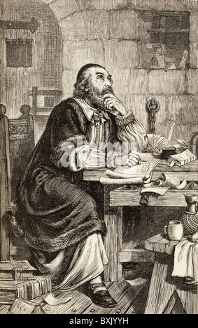 Nicholas Ridley la scrittura di lettere in carcere in attesa di esecuzione. Nicholas Ridley c. 1500 a 1555. Vescovo inglese di Londra. Foto Stock