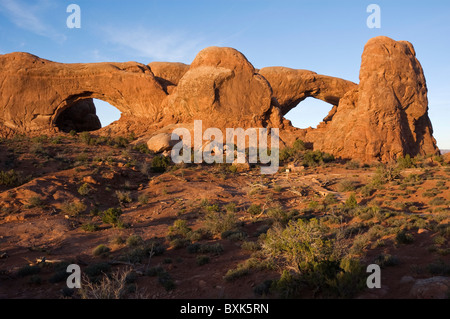 Elk289-1676 Utah, il Parco Nazionale di Arches, Windows archi, finestra di Nord e Sud finestra Foto Stock