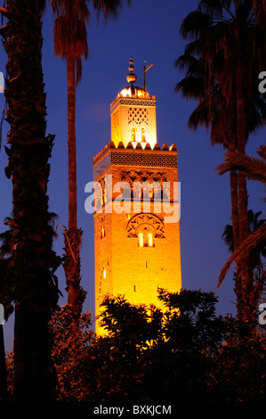 La Moschea di Koutoubia minaret durante la notte con le palme Foto Stock