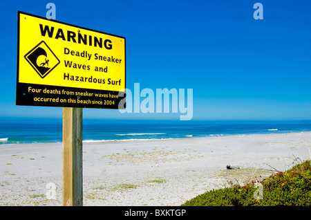 Segno di avvertimento di onde di sneaker e pericoloso di surf sulla costa del Pacifico Foto Stock