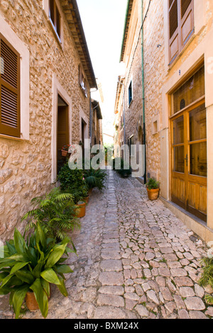 Un paesaggio dal villaggio di Fornalutx in le montagne Tramuntana sull isola di Maiorca, Spagna. Foto Stock