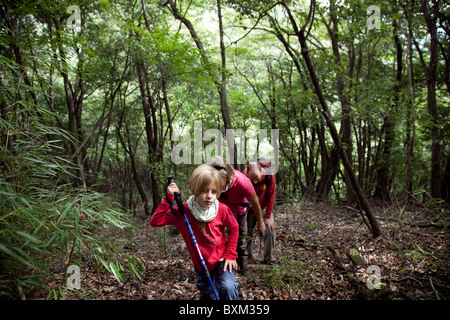 Una famiglia trekking nella foresta vergine nella parte meridionale dei Monti Qinling nel Sichuan in Cina. Foto Stock