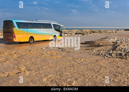 Israele, il Mar Morto. Inondati cisgiordania deserto della Giudea carreggiata. Foto Stock